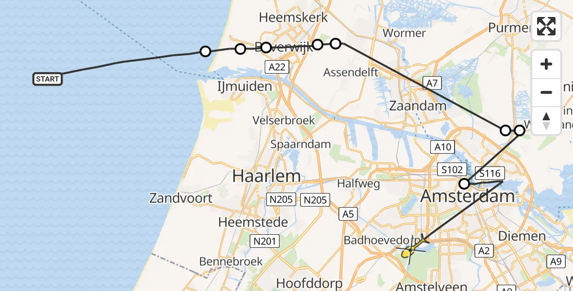 Routekaart van de vlucht: Politieheli naar Amsterdam