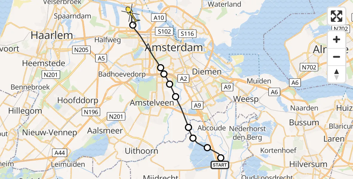 Routekaart van de vlucht: Lifeliner 1 naar Amsterdam Heliport