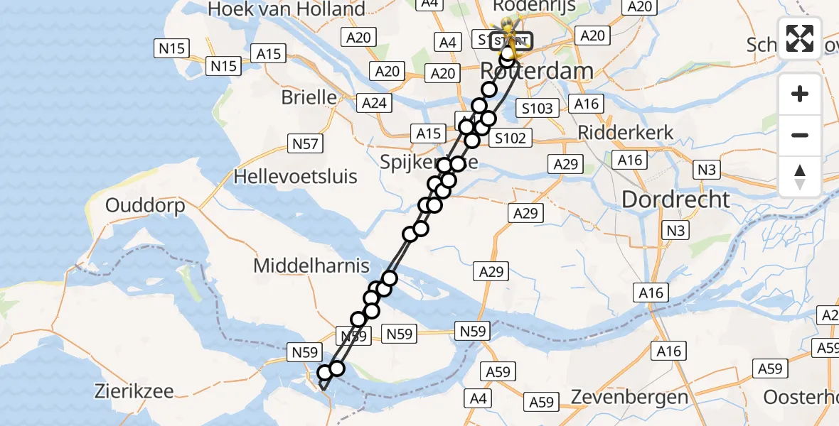 Vluchtroute Traumahelikopter Rotterdam The Hague Airport - Rotterdam The Hague Airport, 16 juni 2023, 13:59