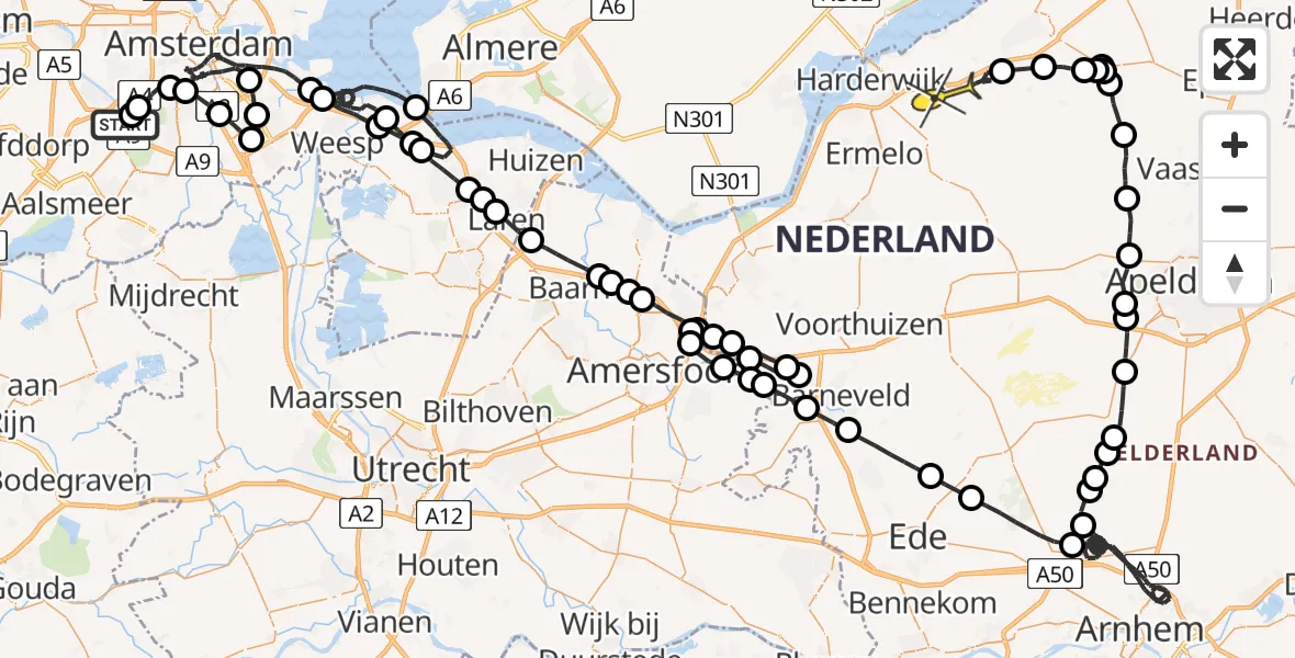 Routekaart van de vlucht: Politiehelikopter naar Harderwijk