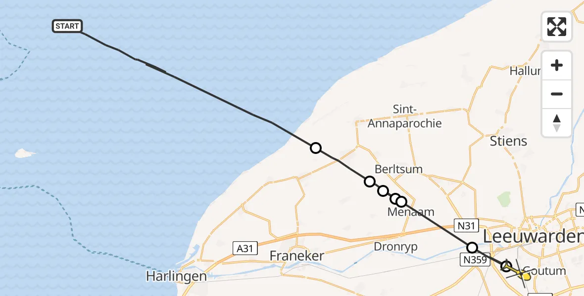 Routekaart van de vlucht: Ambulanceheli naar Leeuwarden