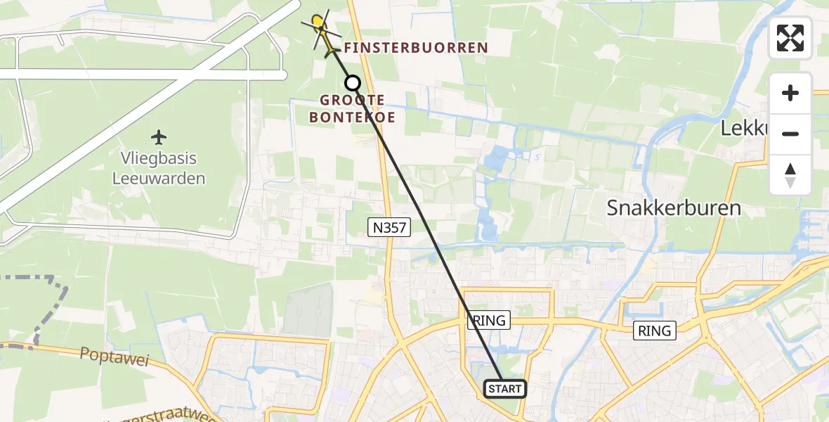 Vluchtroute Ambulancehelikopter van Leeuwarden naar Vliegbasis Leeuwarden