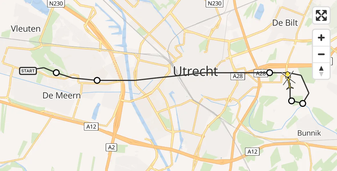 Routekaart van de vlucht: Lifeliner 1 naar Universitair Medisch Centrum Utrecht