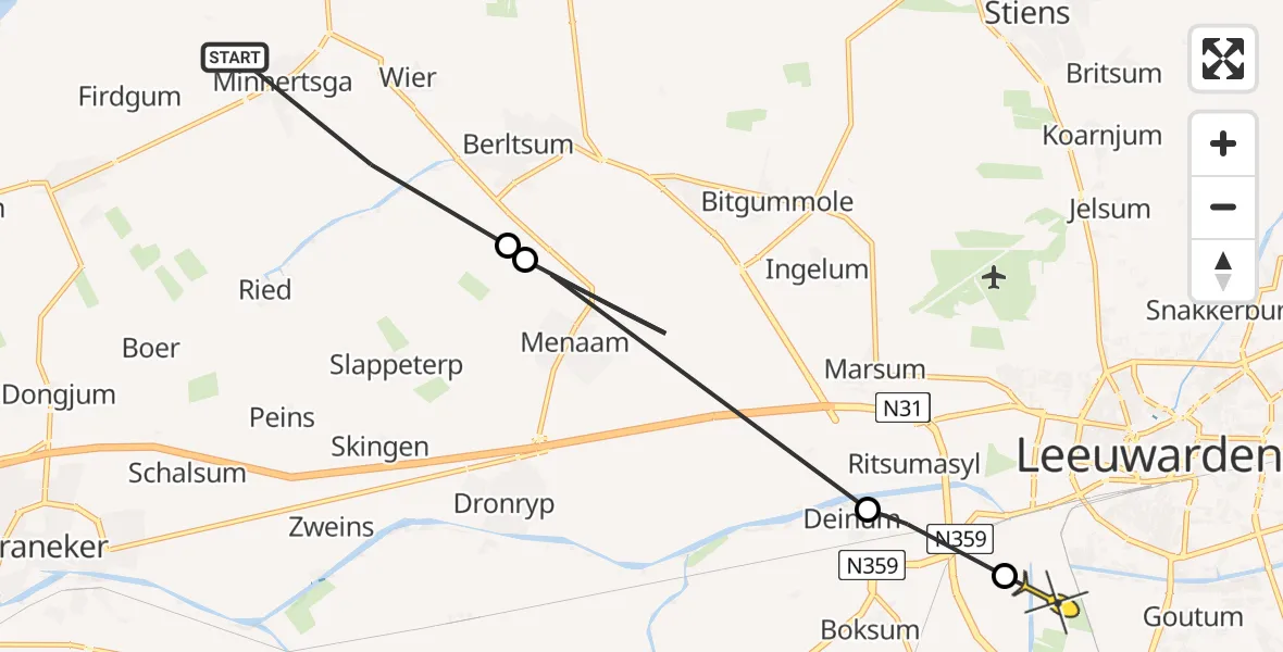 Vluchtroute Ambulancehelikopter van Minnertsga naar Leeuwarden