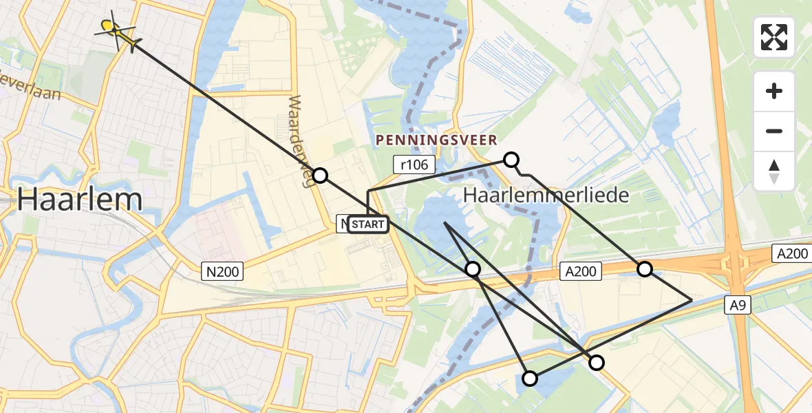 Routekaart van de vlucht: Politieheli naar Haarlem