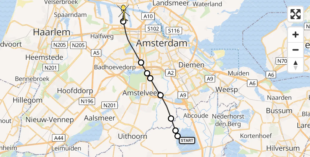 Routekaart van de vlucht: Lifeliner 1 naar Amsterdam Heliport