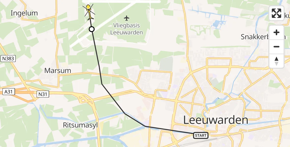 Vluchtroute Ambulancehelikopter van Leeuwarden naar Vliegbasis Leeuwarden