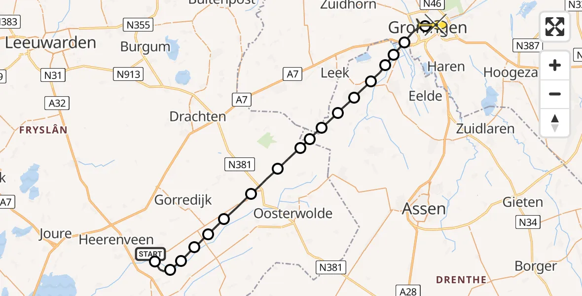 Routekaart van de vlucht: Lifeliner 4 naar Universitair Medisch Centrum Groningen