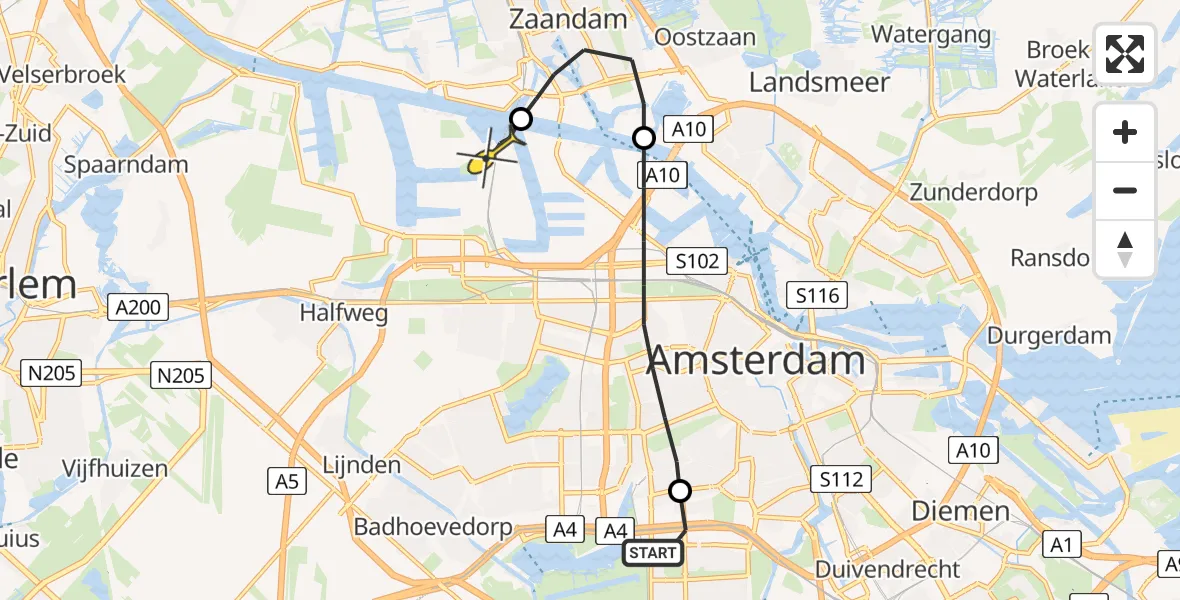 Routekaart van de vlucht: Lifeliner 1 naar Amsterdam Heliport