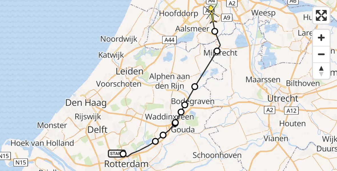 Routekaart van de vlucht: Politieheli naar Amstelveen