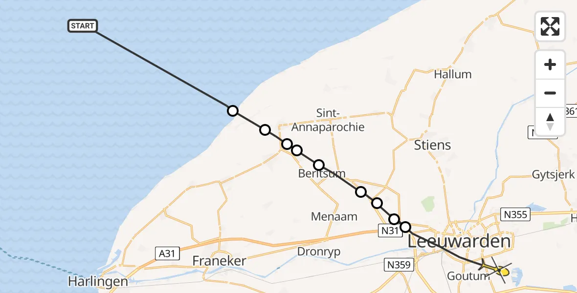 Routekaart van de vlucht: Ambulanceheli naar Leeuwarden