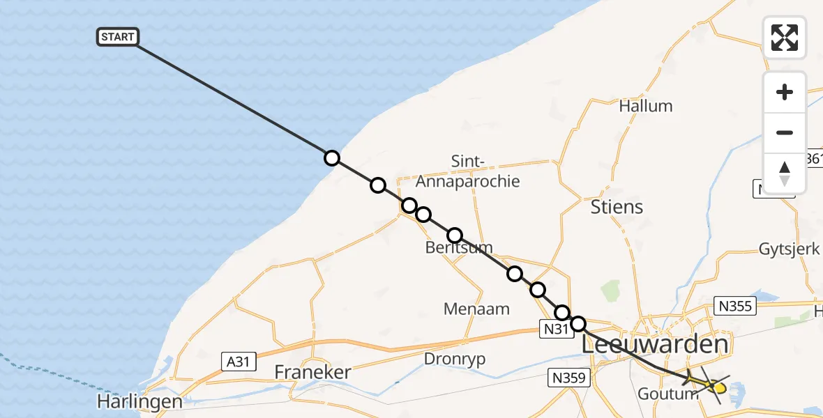 Routekaart van de vlucht: Ambulancehelikopter naar Leeuwarden