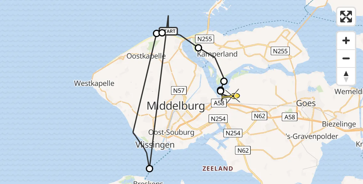 Routekaart van de vlucht: Politiehelikopter naar Vliegveld Midden-Zeeland