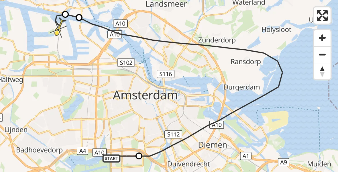 Routekaart van de vlucht: Lifeliner 1 naar Amsterdam Heliport