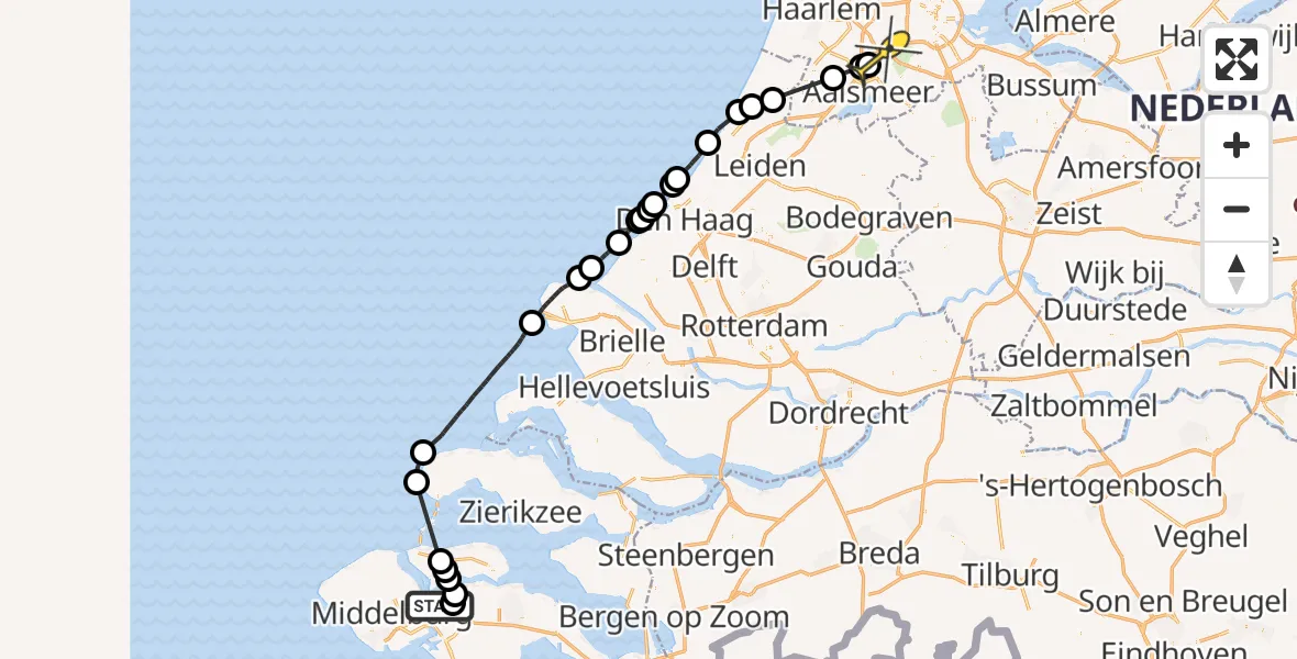 Routekaart van de vlucht: Politieheli naar Schiphol