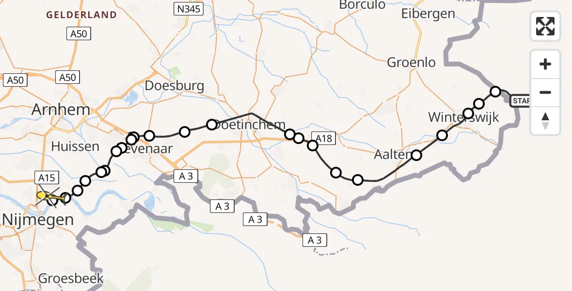 Routekaart van de vlucht: Politiehelikopter naar Bemmel