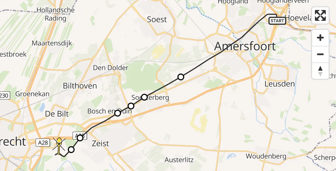 Routekaart van de vlucht: Lifeliner 1 naar Universitair Medisch Centrum Utrecht