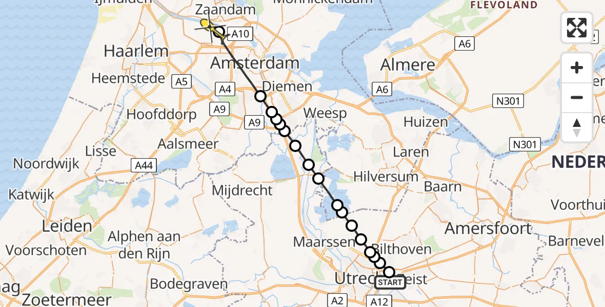 Routekaart van de vlucht: Lifeliner 1 naar Amsterdam Heliport