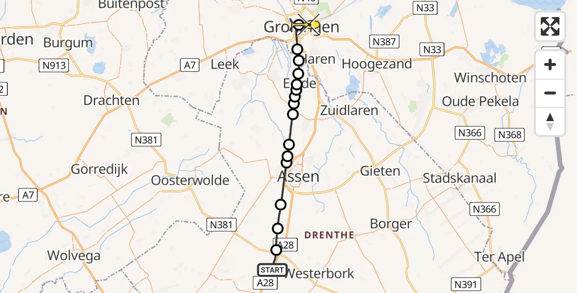 Routekaart van de vlucht: Lifeliner 4 naar Universitair Medisch Centrum Groningen