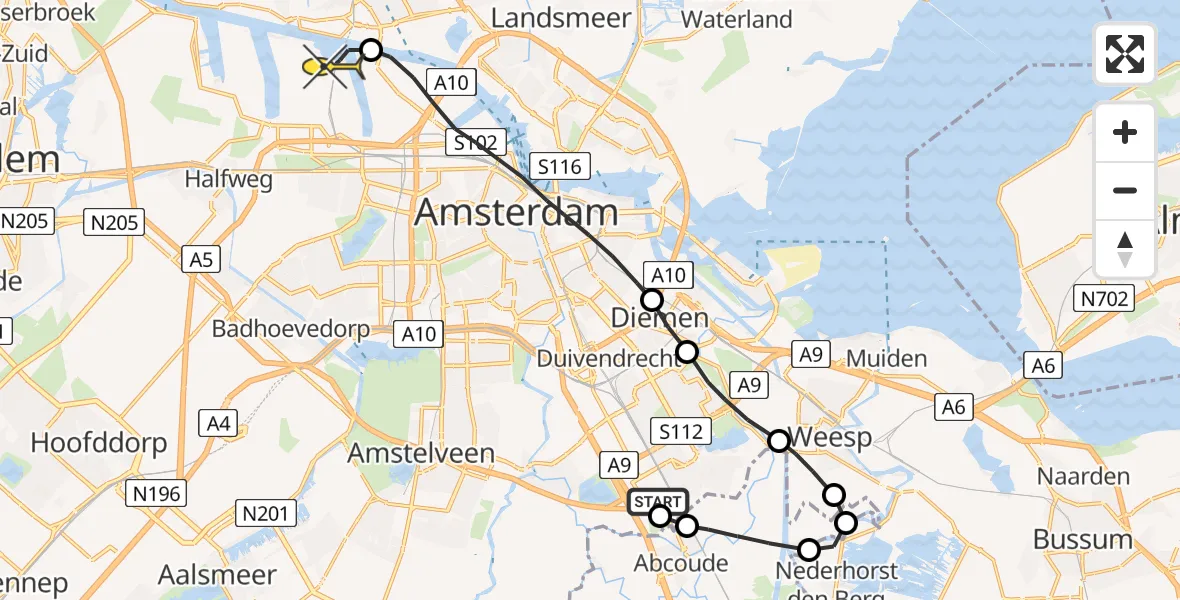 Routekaart van de vlucht: Lifeliner 1 naar Amsterdam Heliport