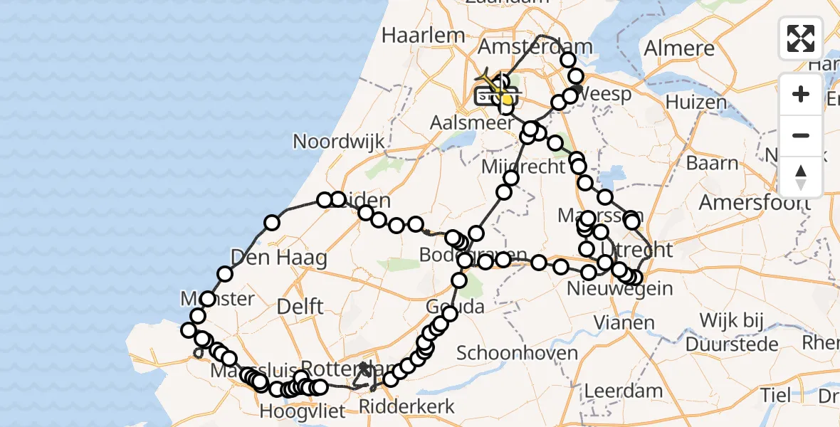 Routekaart van de vlucht: Politieheli naar Schiphol