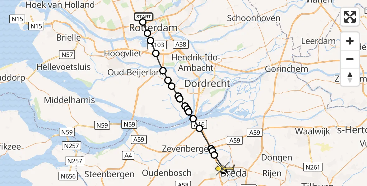 Routekaart van de vlucht: Lifeliner 2 naar Breda