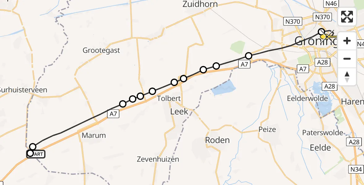 Routekaart van de vlucht: Lifeliner 4 naar Universitair Medisch Centrum Groningen