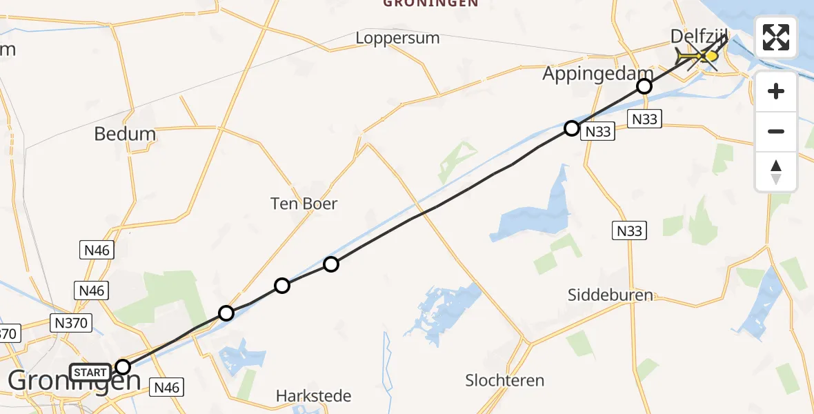 Routekaart van de vlucht: Lifeliner 4 naar Delfzijl