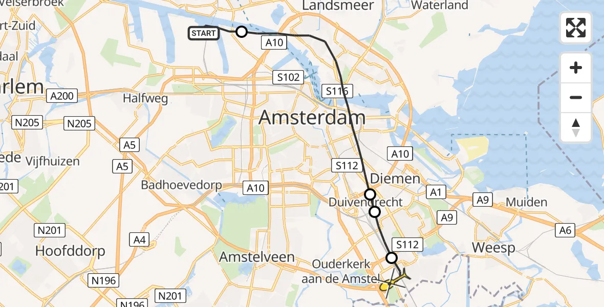 Routekaart van de vlucht: Lifeliner 1 naar Academisch Medisch Centrum (AMC)