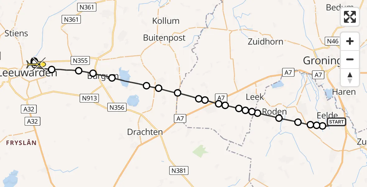 Routekaart van de vlucht: Lifeliner 4 naar Leeuwarden