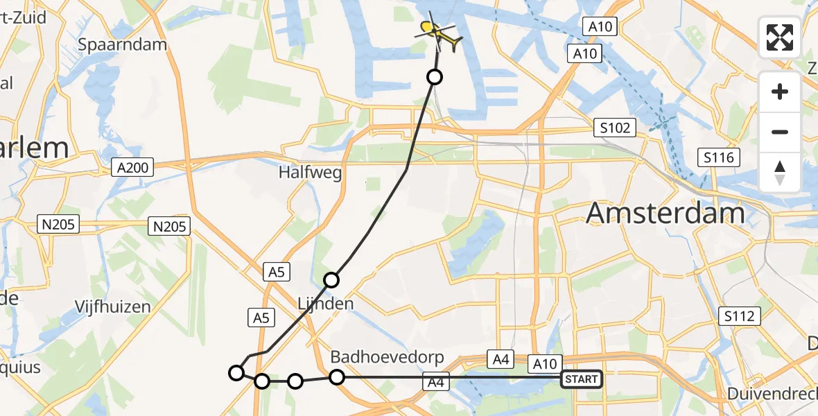 Routekaart van de vlucht: Lifeliner 1 naar Amsterdam Heliport