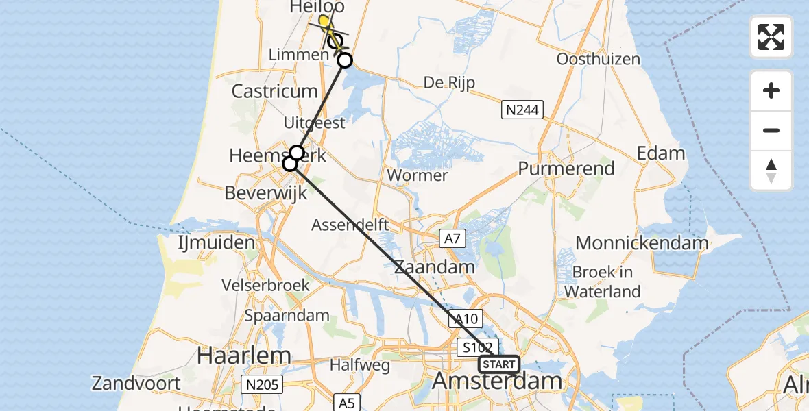 Routekaart van de vlucht: Politiehelikopter naar Heiloo