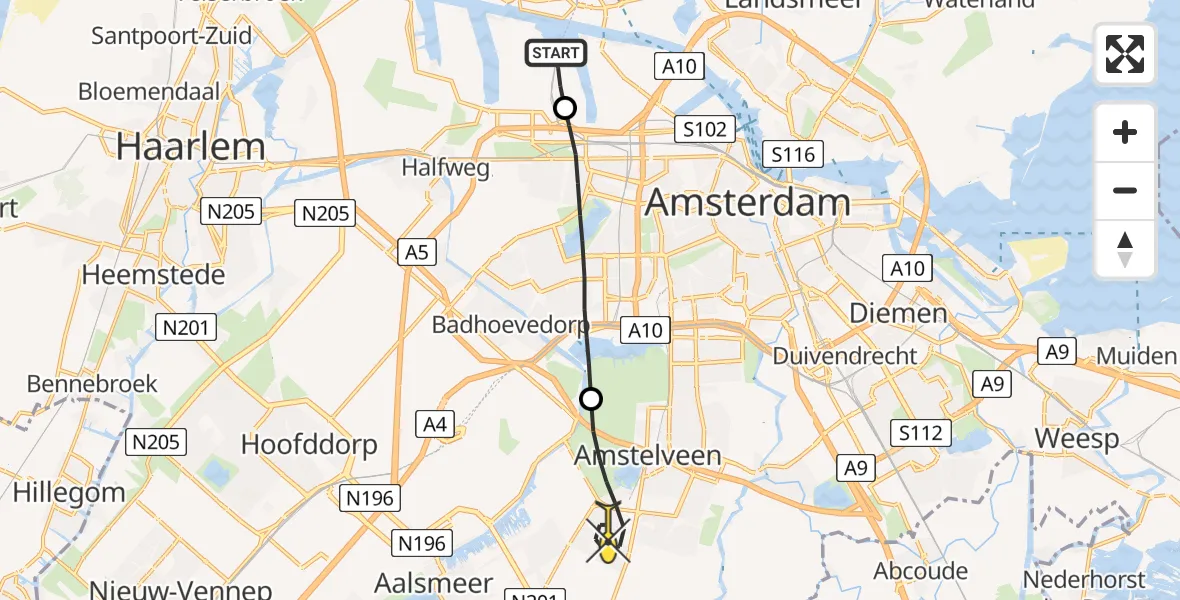 Routekaart van de vlucht: Lifeliner 1 naar Amstelveen