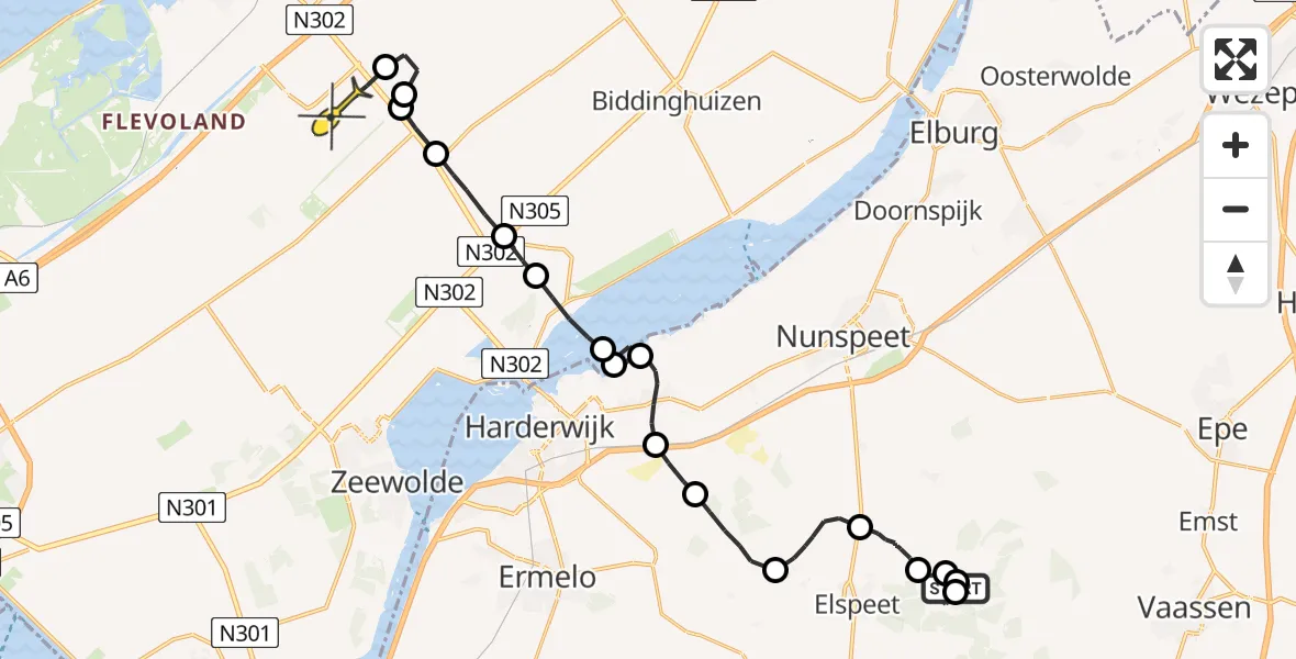 Routekaart van de vlucht: Politieheli naar Lelystad Airport