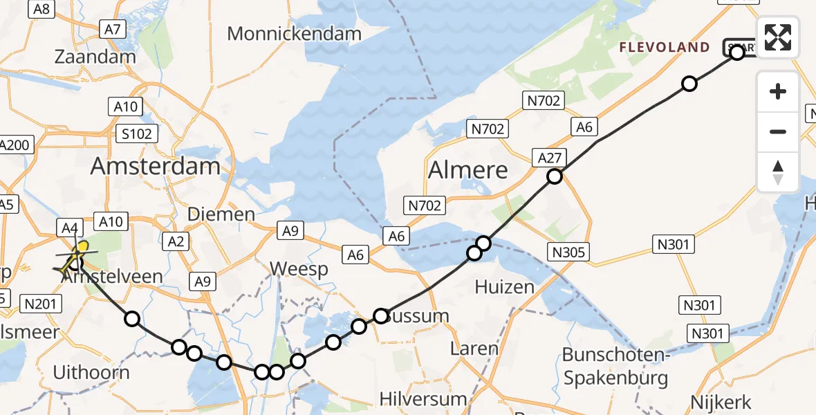 Routekaart van de vlucht: Politieheli naar Schiphol