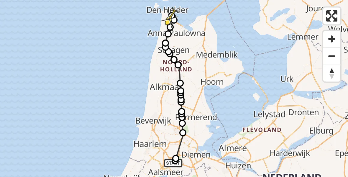 Routekaart van de vlucht: Politieheli naar Vliegveld De Kooy