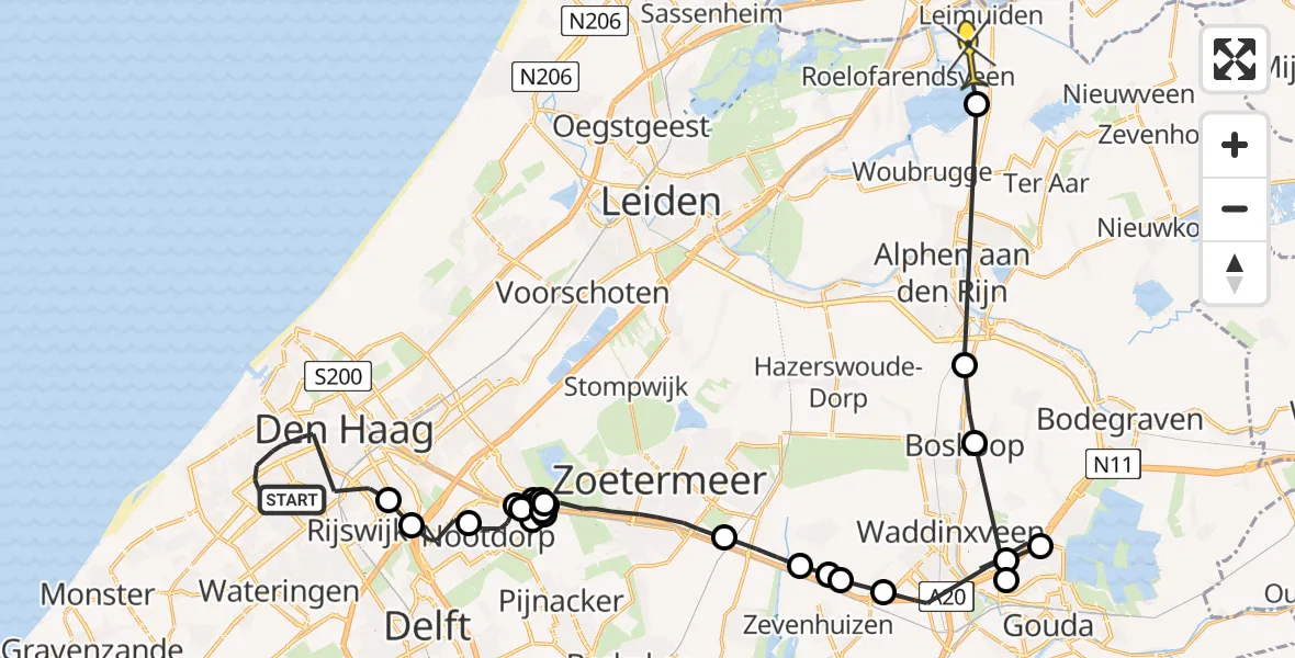 Routekaart van de vlucht: Politiehelikopter naar Leimuiden