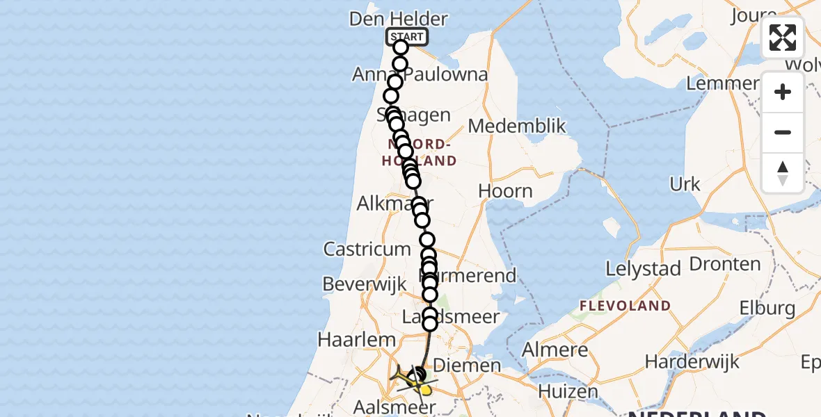 Routekaart van de vlucht: Politieheli naar Schiphol