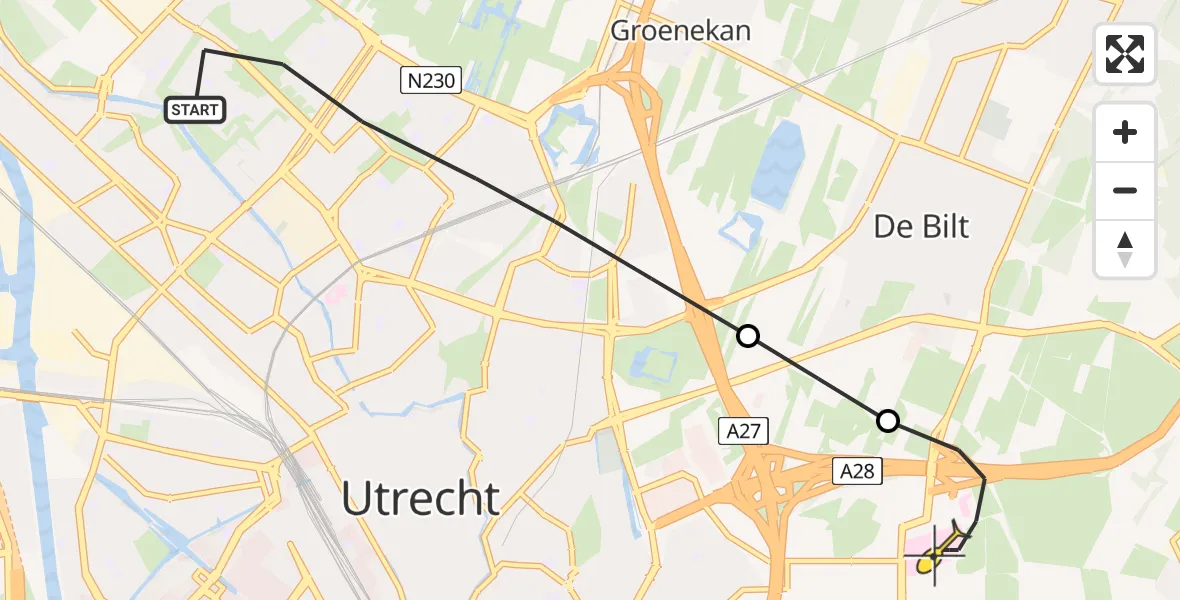 Routekaart van de vlucht: Lifeliner 1 naar Universitair Medisch Centrum Utrecht