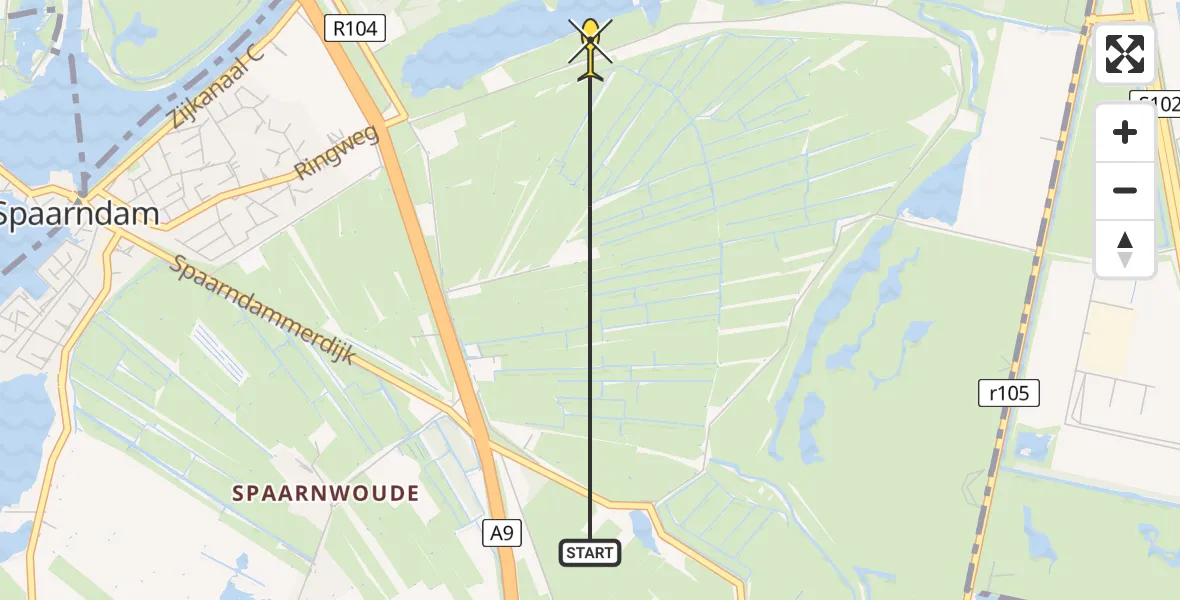 Routekaart van de vlucht: Politiehelikopter naar Spaarndam