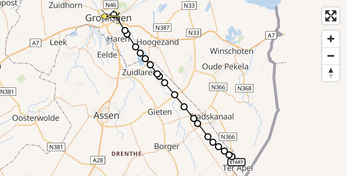 Routekaart van de vlucht: Lifeliner 4 naar Universitair Medisch Centrum Groningen