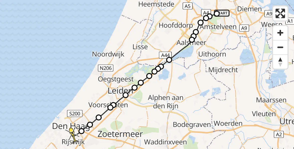 Routekaart van de vlucht: Lifeliner 1 naar Den Haag