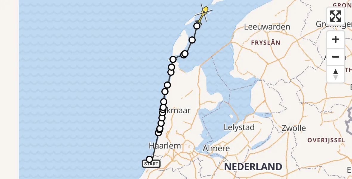 Routekaart van de vlucht: Politieheli naar Vlieland