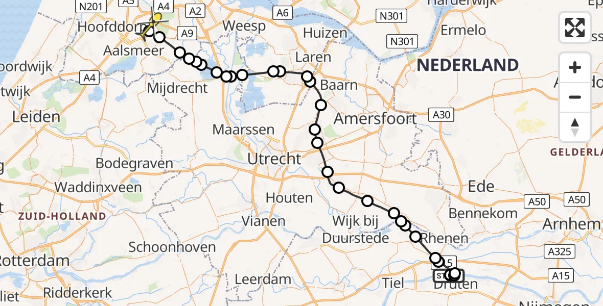 Routekaart van de vlucht: Politieheli naar Schiphol