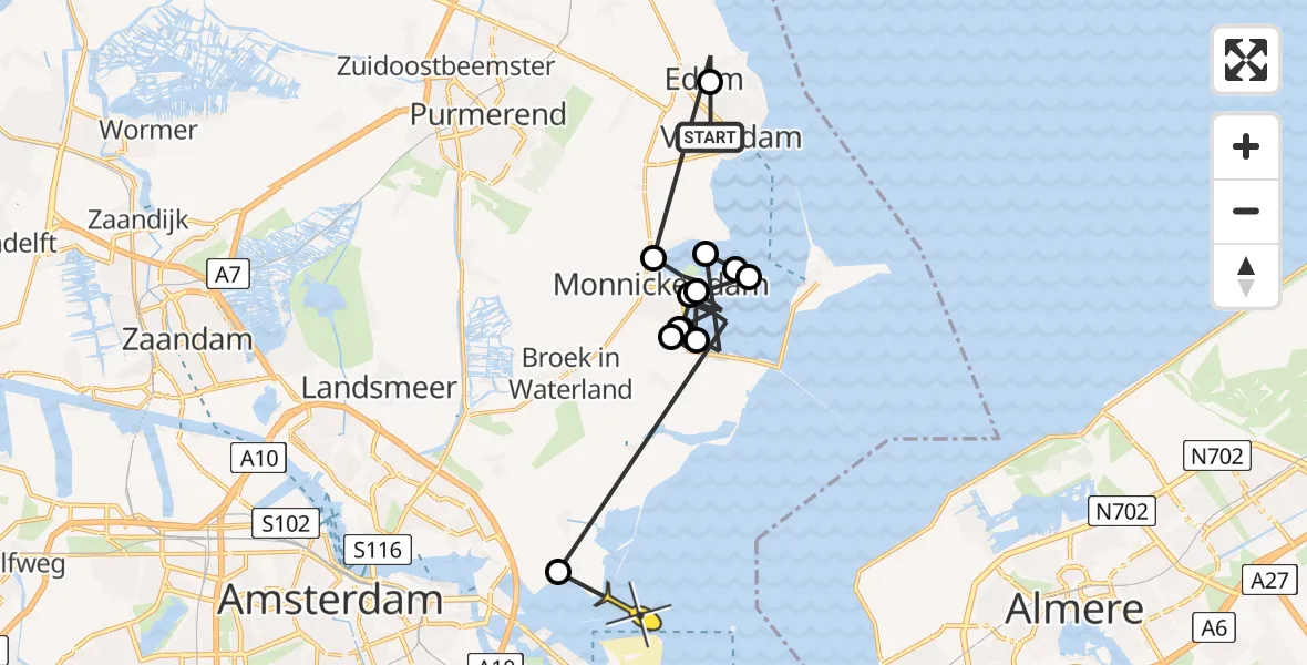 Routekaart van de vlucht: Politieheli naar Amsterdam