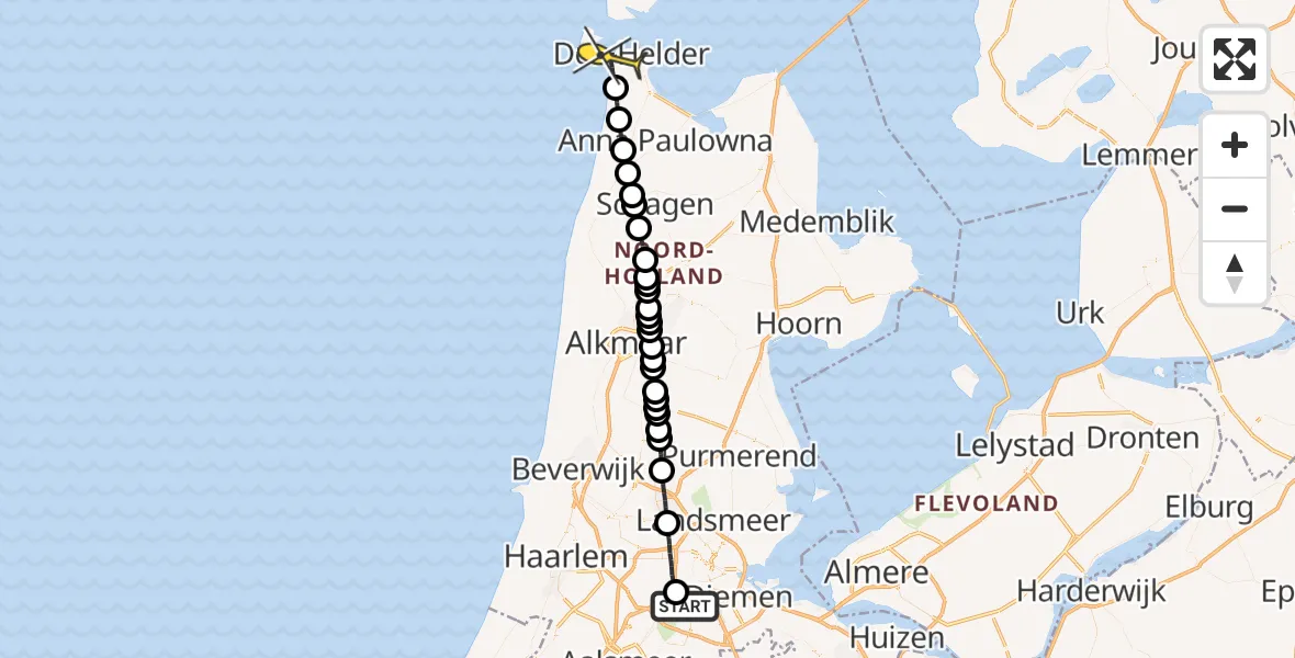 Routekaart van de vlucht: Lifeliner 1 naar Den Helder