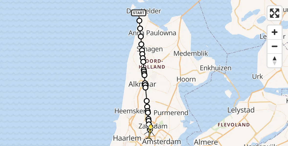 Routekaart van de vlucht: Lifeliner 1 naar Amsterdam Heliport