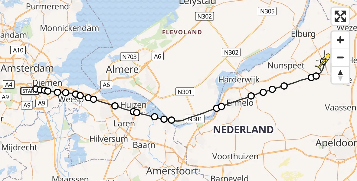 Routekaart van de vlucht: Politieheli naar 't Harde