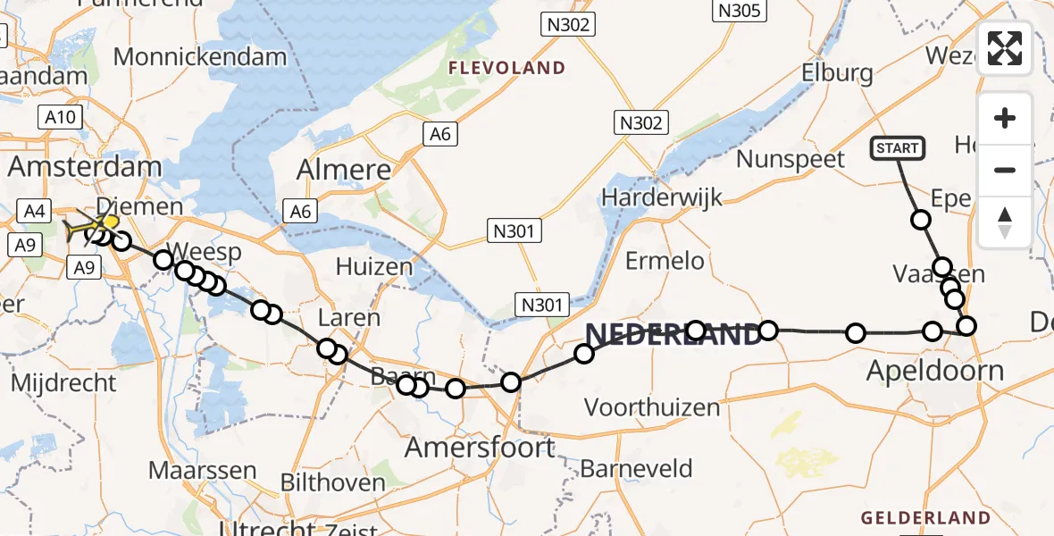 Routekaart van de vlucht: Politiehelikopter naar Amsterdam