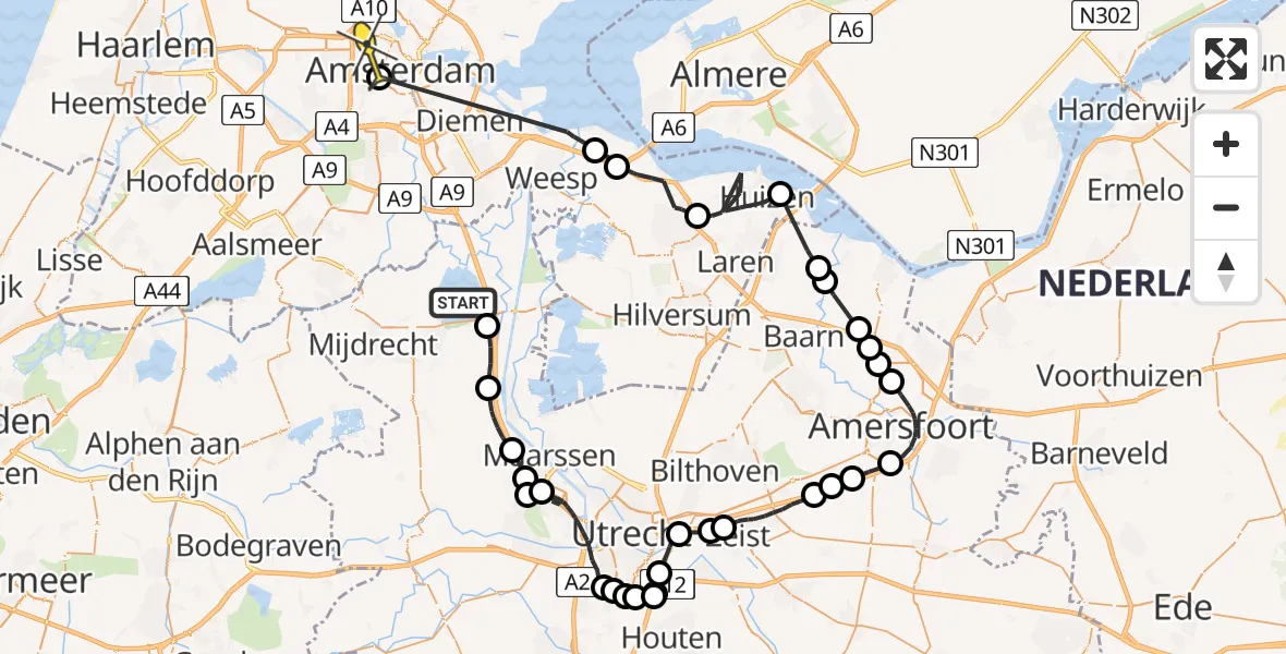 Routekaart van de vlucht: Politieheli naar Amsterdam